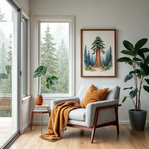 Redwood Forest Watercolor Print - Large Tree Wall Art for Nature Lovers