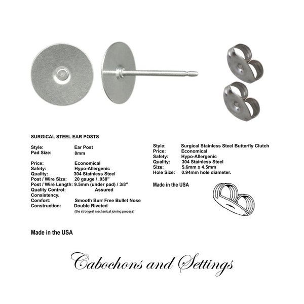 Surgical Quality Stainless Steel Stud Earring 8mm Pad & Clutch Hypo-Allergenic Made in USA - AUSTRALIA