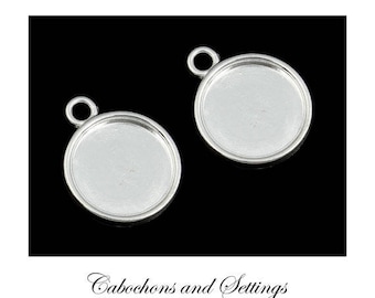 12mm Bezel Round Cabochon Earring / Charm Pendant Cups SHINY Silver 14mm outer