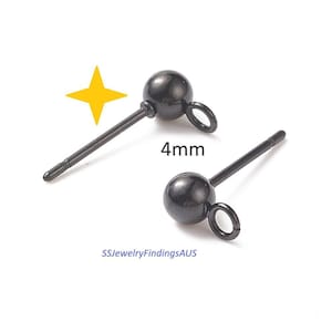 3 Paar schwarze Ton Edelstahl 4 mm Kugelstecker Ohrringpfosten mit Schlaufe und Silikonmuttern Hypoallergen Anlaufbeständig