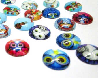 Owl Party Glass Cabochons - 12mm Round, Random Earring Pairs - Wholesale
