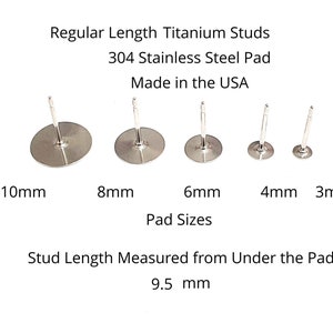 3mm  - Titanium 9.5mm Stud Length - Clutch Options - Hypo-allergenic - Surgical Steel Pad