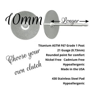 Titanium Stud Earrings: 10mm Pad - 11.1mm Post, USA Made, Hypoallergenic