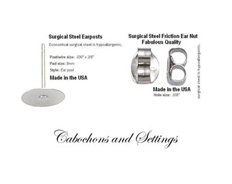 8mm Pad Surgical Quality Stainless Steel Stud Earring Posts 8mm Pad & Clutch Hypo-Allergenic Made in USA - AUSTRALIA