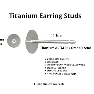 May include: A close-up of titanium earring studs. The image shows an 8mm pad and an 11.1mm stud. Text on the image reads "Titanium Earring Studs" and lists features like "Hypo-allergenic" and "USA Made."