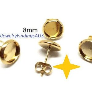 5 Pairs 8mm Gold Vacuum Plated Stainless Steel Cabochon Setting Earring Stud Posts and Ear nuts Hypoallergenic Tarnish Resistant - Wholesale