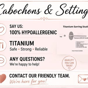 Peut inclure: Image promotionnelle pour cabochons et montures, avec le texte "100% Hypoallerg&eacute;nique" et "Titane : S&ucirc;r, Solide, Fiable". Elle comprend un sch&eacute;ma d'une boucle d'oreille en titane et les mots "Clous d'oreilles en titane".