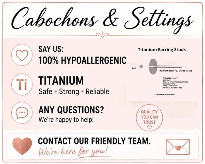 Peut inclure: Image promotionnelle pour cabochons et montures, avec le texte "100% Hypoallerg&eacute;nique" et "Titane : S&ucirc;r, Solide, Fiable". Elle comprend un sch&eacute;ma d'une boucle d'oreille en titane et les mots "Clous d'oreilles en titane".
