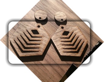 Pair Set Earring Mod Hexagon Drop Pendants & Drop Dots  38-40mm with 2mm hole Laser Cut Walnut Wood 3mm Bulk Buys available