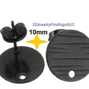 3 Pairs Stainless Steel Black Tone Stud Earring Post Textured Pad with 1mm hole "Linear Lines Design" 10mm Hypoallergenic Tarnish Resistant