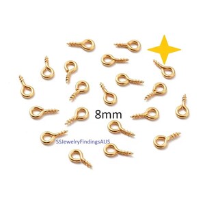 25 Pieces 8mm Stainless Steel Gold Plated Screw Eye Pin Peg Bail Hypoallergenic Tarnish Resistant - jewellery making supplies Australia