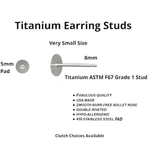 May include: Titanium earring studs with a 5mm pad and an 8mm post. The image includes text that says "Titanium Earring Studs" and "Titanium ASTM F67 Grade 1 Stud". The text also mentions "Fabulous Quality" and "USA Made".