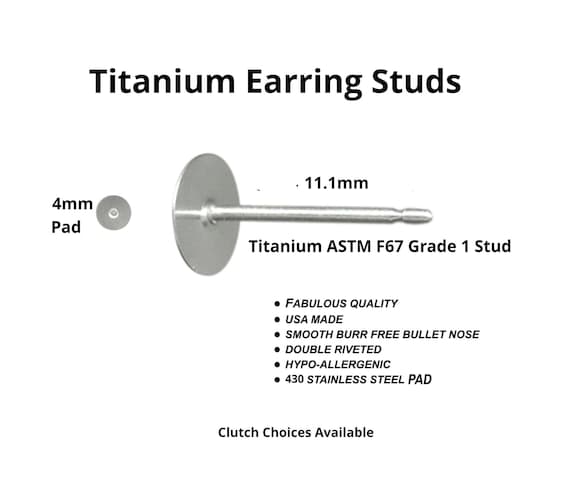 Titanium Earring Stud 4mm Pad, 11.1mm Post, Stainless Pad USA Made Hypoallergenic - Wholesale