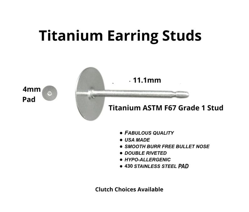 Boucles d'oreilles en titane avec coussinet de 4 mm, tige de 11,1 mm, coussinet en acier inoxydable fabriqué aux États-Unis hypoallergénique - Grossiste image 1