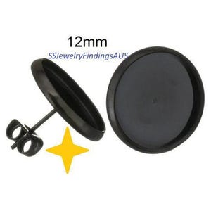 2 Pairs 12mm Black Tone Stainless Steel Cabochon Bezel Setting Earring Stud Posts and Ear nuts Hypoallergenic Tarnish Resistant - Wholesale
