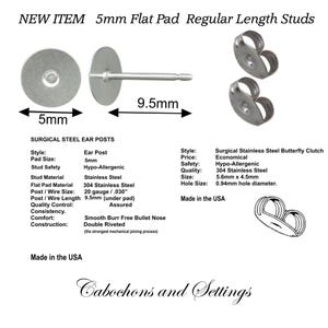 Earring Studs: 5mm Flat Pads, 9.5mm Post, USA Made - Stainless Steel, Hypoallergenic - Wholesale