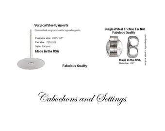 Clous de boucles d'oreilles : coussinet plat 10 mm, tige 9,5 mm, acier chirurgical fabriqué aux États-Unis - Grossiste