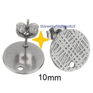 5 Pairs Stainless Steel Stud Earring Post Textured Pad with 1mm hole "Linear Squiggle Design" 10mm Hypoallergenic Tarnish Resistant