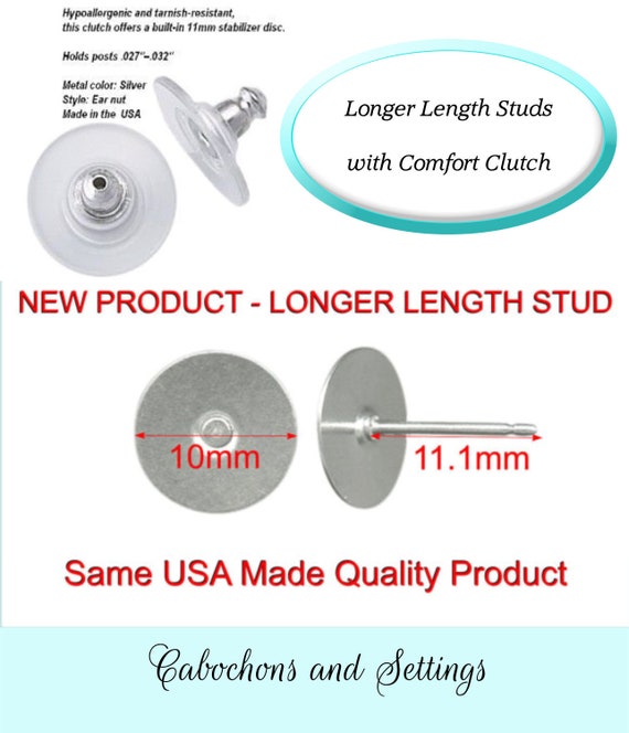 50 Earring 10mm Pad LONGER Stud Posts & backs Hypoallergenic Surgical Steel USA