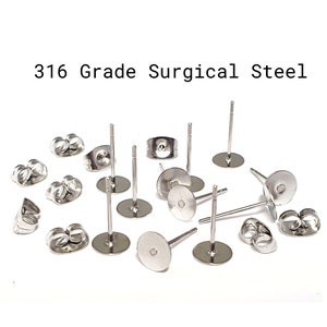 20/50/100/1000  Pad 6mm SURGICAL 316 Stainless Steel  Shiny Earring Posts  & Clutch - Stud Length under pad 11.1mm