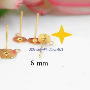 5 Pairs Stainless Steel Gold Plated 6mm Pad Stud Post with 2mm Side Loop with Tension locking nuts Hypoallergenic Tarnish Resistant