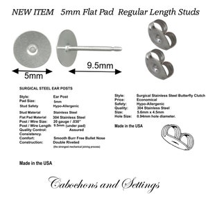 Stainless Steel Stud Earring Posts 5mm Pad Hypo-Allergenic USA
