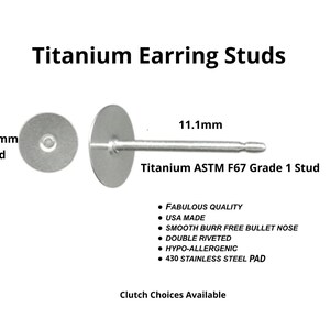 May include: A close-up of titanium earring studs. The image shows two studs, one with a 10mm pad and the other with an 11.1mm post. Text on the image reads "Titanium Earring Studs" and "Titanium ASTM F67 Grade 1 Stud."