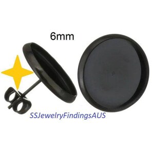2 Pairs 6mm Black Tone Stainless Steel Cabochon Setting Earring Stud Posts and Ear nuts Hypoallergenic Tarnish Resistant - Wholesale