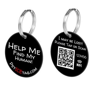 May include: Two black oval pet ID tags with silver key rings. One tag reads "HELP ME FIND MY HUMAN! PETICETAG.COM". The other tag has a QR code, the text "I MAY BE LOST! PLEASE TAP OR SCAN", a phone number, and an NFC symbol.
