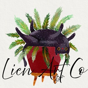 Peut inclure: Illustration à l'aquarelle d'un chat noir se prélassant dans un pot de fleurs rouge avec du feuillage vert. Le chat a des yeux jaunes et un nez rouge. Le texte "Lien Art Co" est écrit en cursive en dessous.