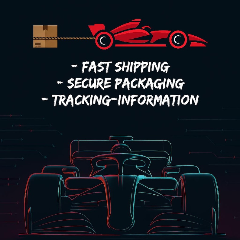 May include: A graphic featuring a red race car and a cardboard box being pulled by a rope. The text reads "FAST SHIPPING", "SECURE PACKAGING", and "TRACKING-INFORMATION". A second race car is in the background, outlined in blue and red.