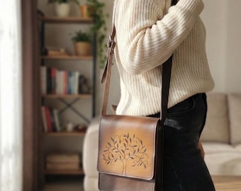 Leather Crossbodybag Hand Painted Tree of Life Mini Bag