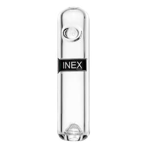 May include: Clear glass pipe with a cylindrical shape. The pipe features a rounded mouthpiece and a bowl on the side. A black label with the text "INEX BRAND" is affixed to the body of the pipe.