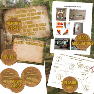 May include: A collection of themed printables for a treasure hunt, including invitations, parent cards, and a treasure map. The design features a parchment paper aesthetic with text and illustrations related to the theme.