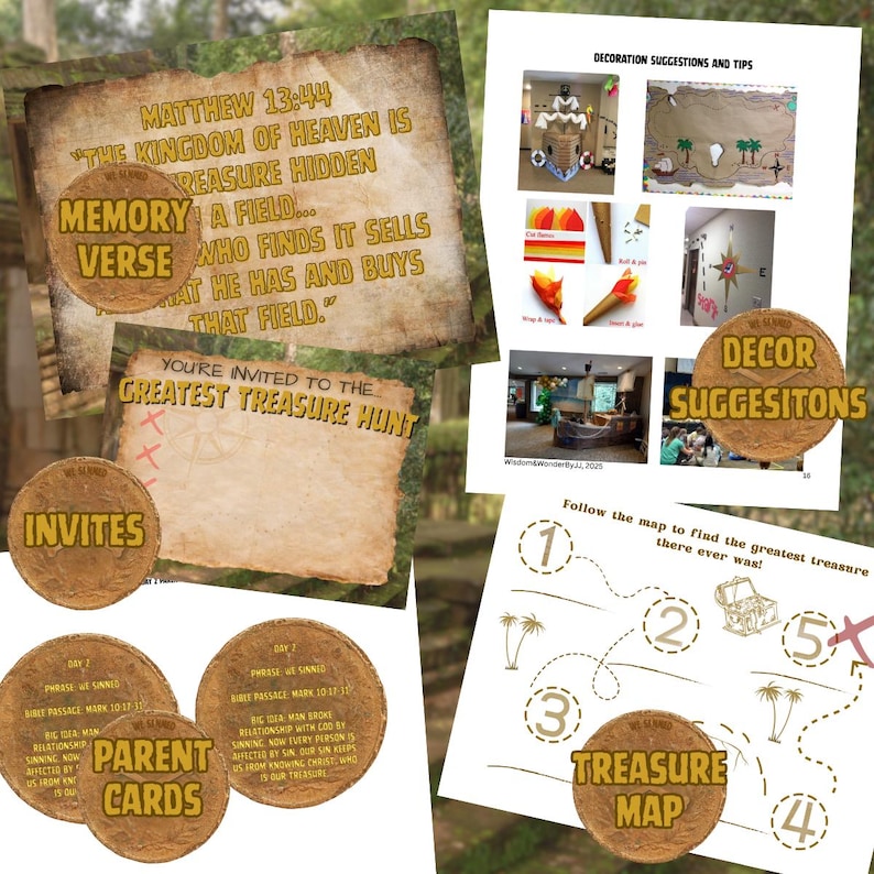 May include: A collection of themed printables for a treasure hunt, including invitations, parent cards, and a treasure map. The design features a parchment paper aesthetic with text and illustrations related to the theme.