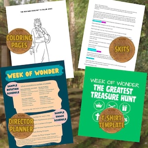 May include: A collection of educational materials with a nature-themed background. Includes a coloring page with the text "THE RICH MAN CHOSE NOT TO FOLLOW JESUS", a script, a director's planner, and a t-shirt template. The materials are designed for a "WEEK OF WONDER" event.