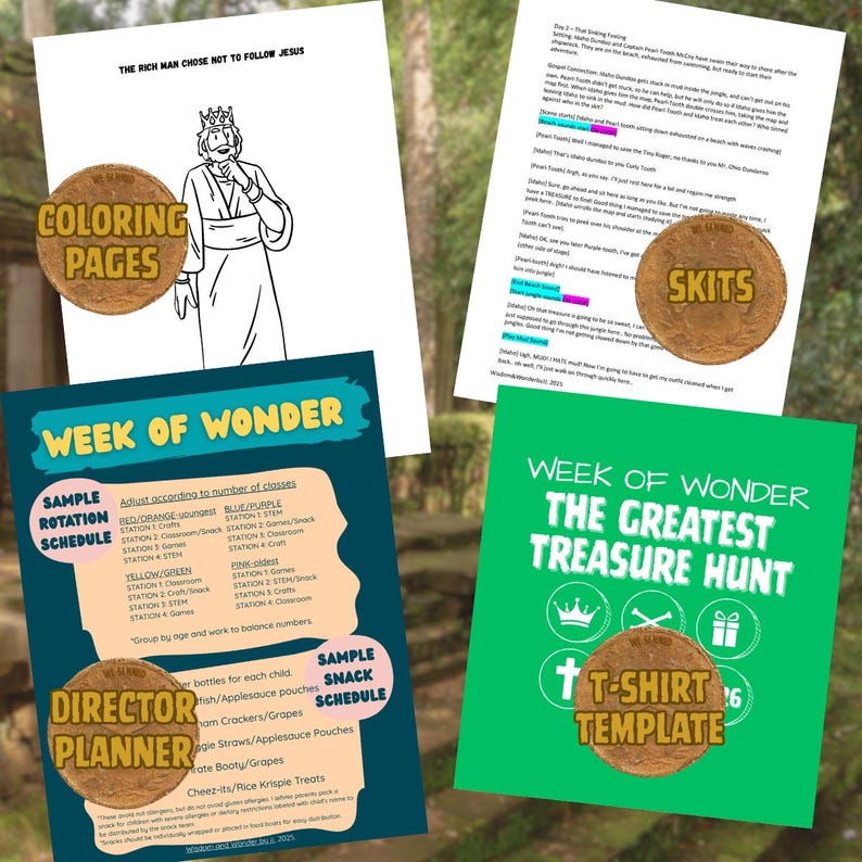 May include: A collection of educational materials with a nature-themed background. Includes a coloring page with the text "THE RICH MAN CHOSE NOT TO FOLLOW JESUS", a script, a director's planner, and a t-shirt template. The materials are designed for a "WEEK OF WONDER" event.