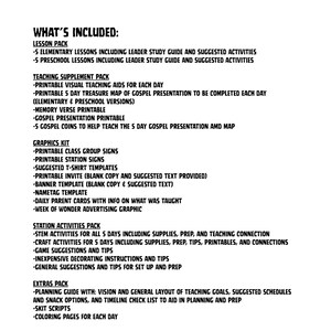 May include: A white graphic with black text listing the contents of a lesson pack. The text includes lesson plans, teaching aids, graphics, station activities, and extra resources for a 5-day program. The text is clear and easy to read.