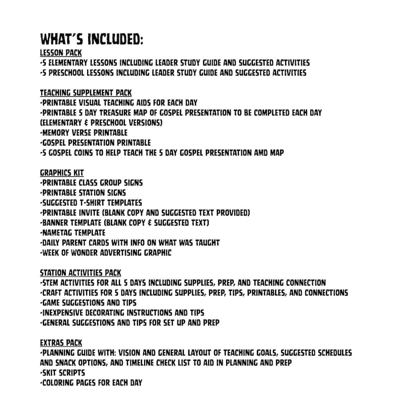May include: A white graphic with black text listing the contents of a lesson pack. The text includes lesson plans, teaching aids, graphics, station activities, and extra resources for a 5-day program. The text is clear and easy to read.