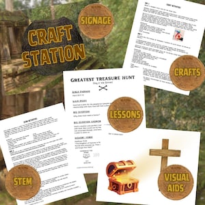May include: A collage of educational materials with the words "Craft Station," "Signage," "Crafts," "Lessons," "STEM," and "Visual Aids." Includes a treasure chest, wooden cross, and activity sheets with text about a treasure hunt.