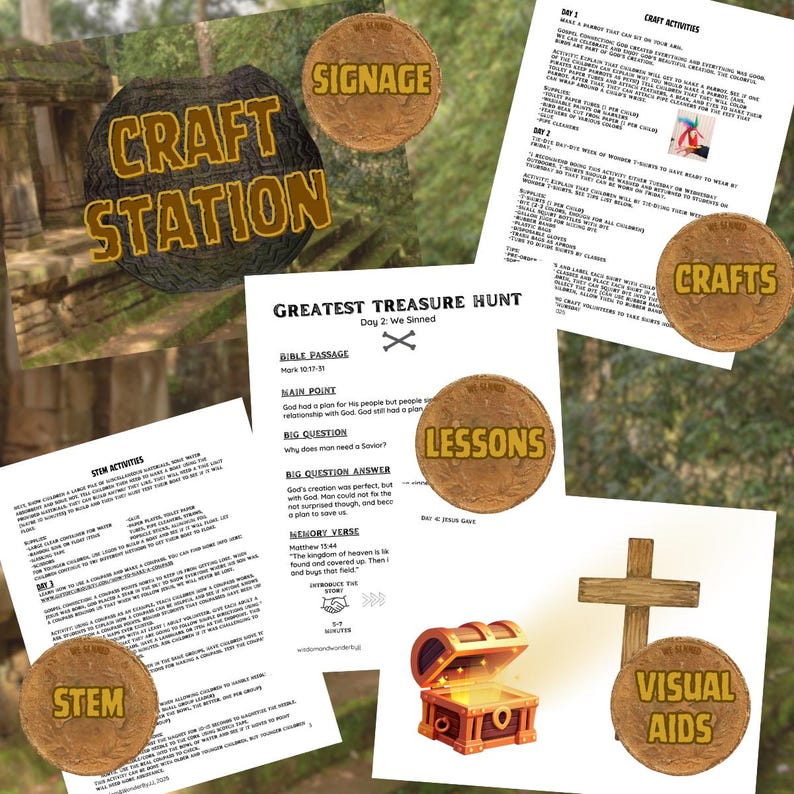 May include: A collage of educational materials with the words "Craft Station," "Signage," "Crafts," "Lessons," "STEM," and "Visual Aids." Includes a treasure chest, wooden cross, and activity sheets with text about a treasure hunt.