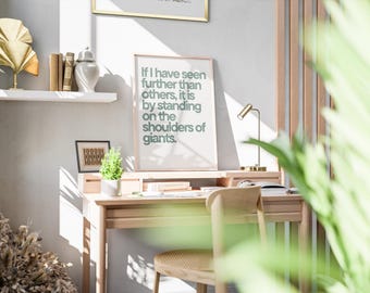 Póster con frase "Hombros de Gigantes". Arte mural inspirador, impresión para el crecimiento del conocimiento, decoración para una mentalidad enfocada.