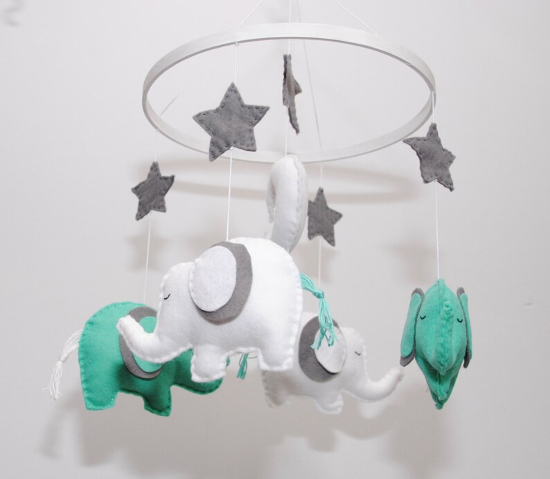 Elephant Baby mobile Sea Green and white elephants crib Etsy