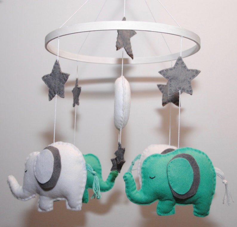 Elephant Baby mobile Sea Green and white elephants crib Etsy