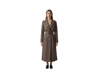 Handmade Taupe Long Trench Coat for Women| Belted Pockets Overcoat | Minimalist Winter Fall Coat