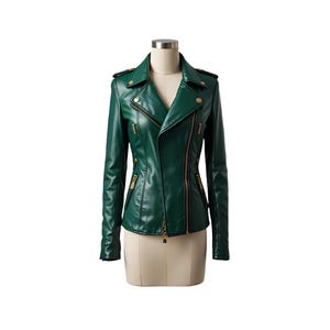 May include: A dark green leather jacket with a classic asymmetrical zip closure. The jacket features gold-colored zippers, buttons, and shoulder epaulets. The jacket is displayed on a mannequin against a white background.