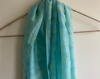 Pale aqua hand-printed silk/cotton scarf
