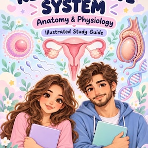 May include: An illustrated study guide titled Reproductive System Anatomy & Physiology featuring a cartoon-style young person with long brown hair and another with short brown hair, surrounded by biological diagrams of cells and organs.