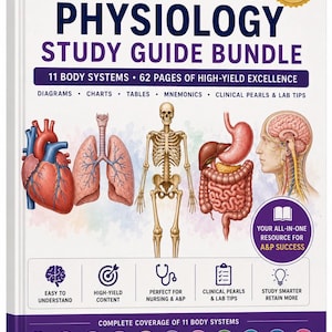 Może przedstawiać: Biały przewodnik do nauki zatytułowany The Anatomy & Physiology Study Guide Bundle, zawierający 62 strony, 11 układów ciała oraz ilustracje serca, płuc, szkieletu, narządów trawiennych i mózgu wraz z tekstem edukacyjnym.
