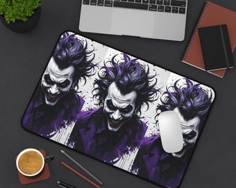 Grinning Joker Trio Desk Mat | Dark Purple Villain Illustration